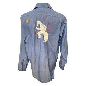 Vtg BIG MAC Shirt Men's L Blue Chambray Embroidered Native Petroglyphs USA Made